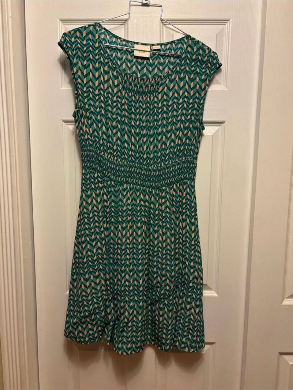 Maeve Teal and Cream Chevron Smocked-Waist Mini Dress